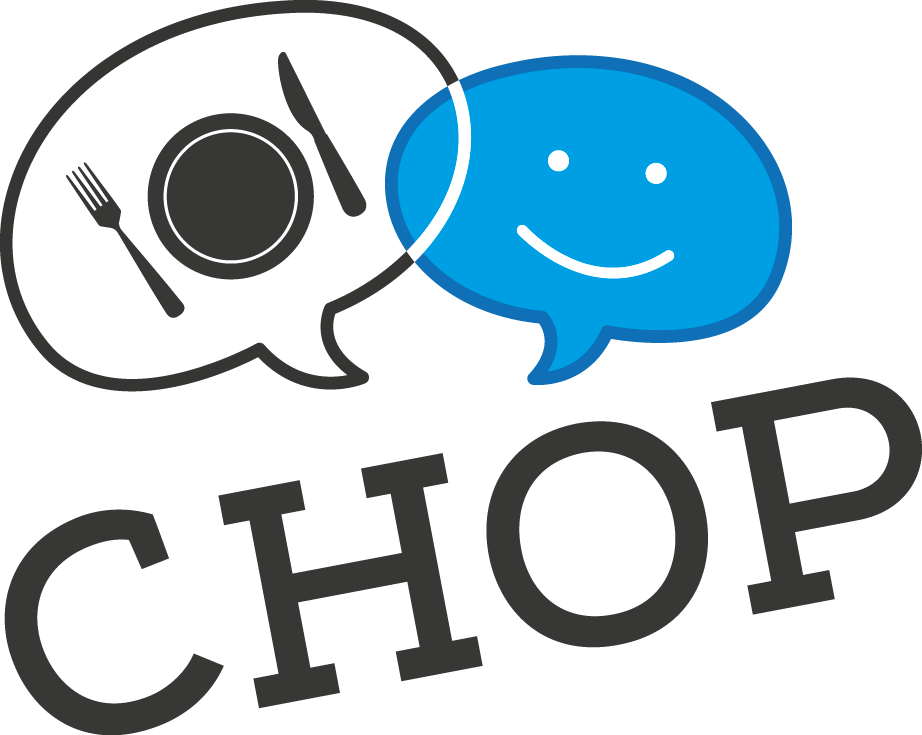 logo Chop - fumetto azzurro con faccina sorridente a destra, fumetto bianco con piatto, forchetta e coltello a sinistra, in basso scritta Chop